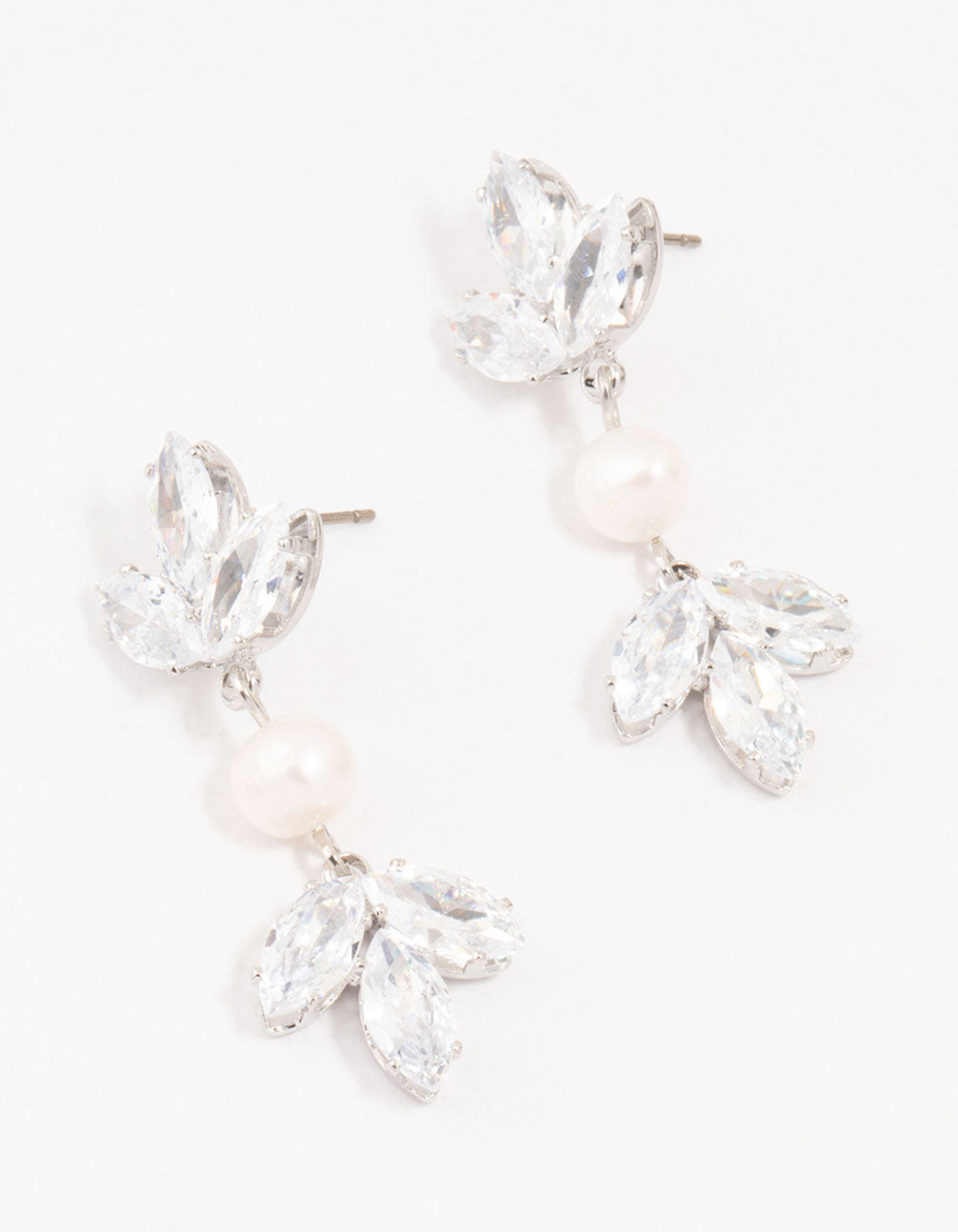 Silver Floral Cubic Zirconia & Pearl Drop Earrings