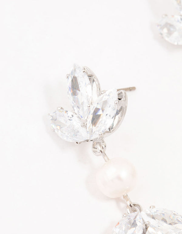Silver Floral Cubic Zirconia & Pearl Drop Earrings
