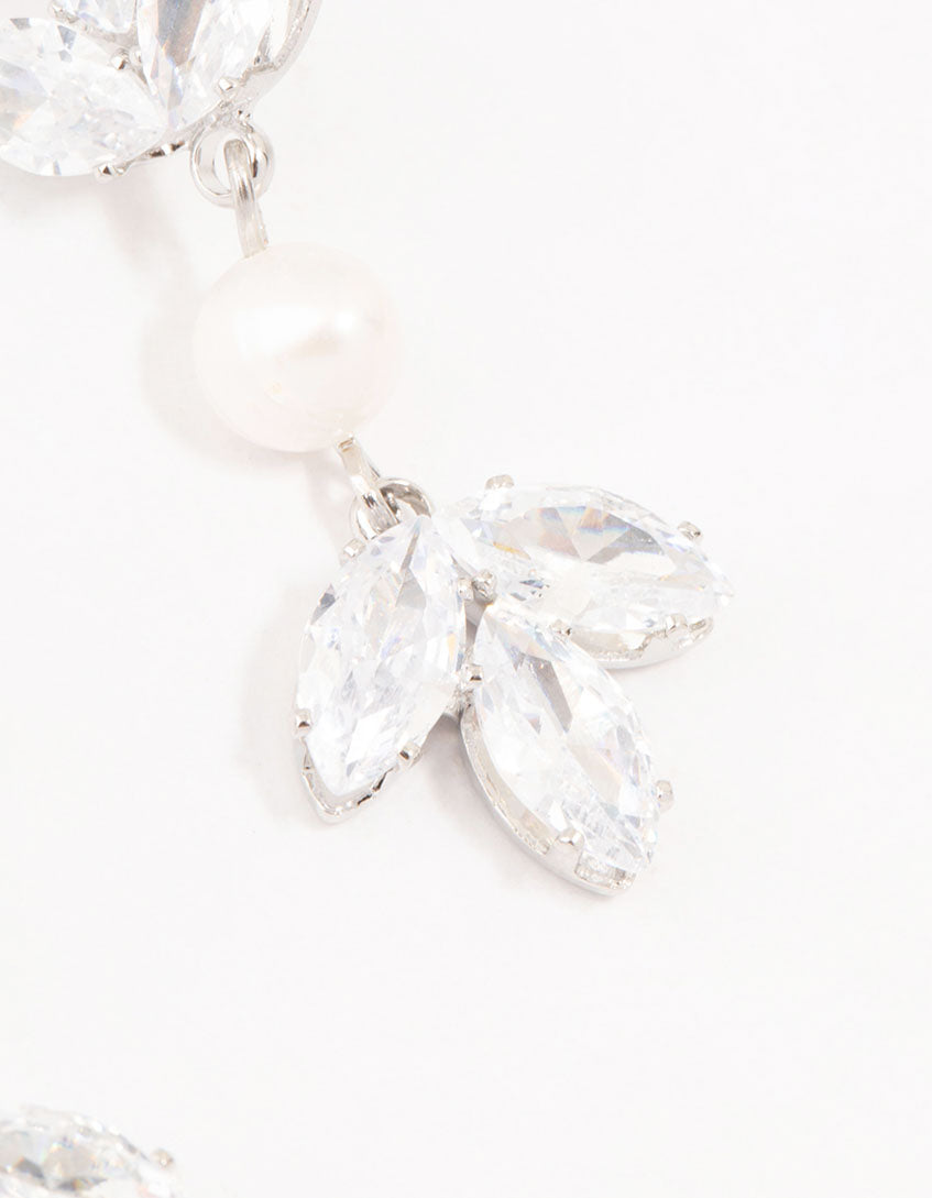 Silver Floral Cubic Zirconia & Pearl Drop Earrings
