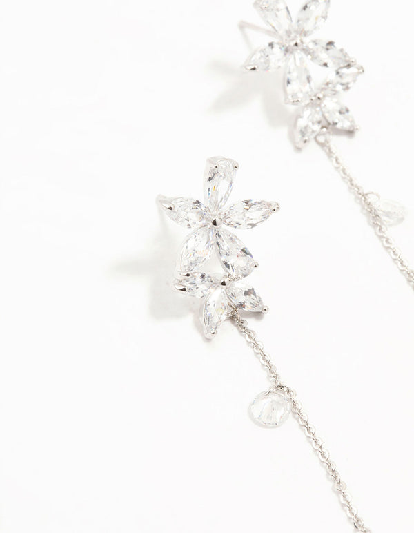 Silver Cubic Zirconia Flower Dangle Drop Earrings