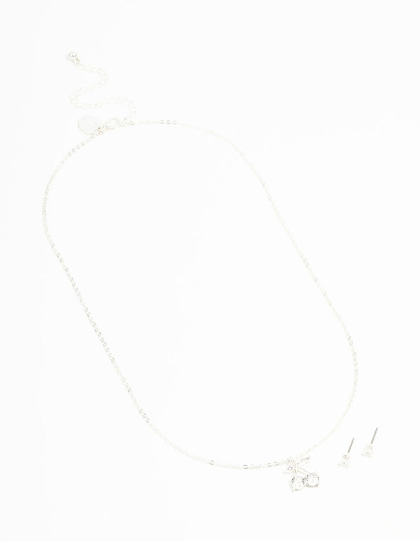Silver Diamante Cherry Necklace & Stud Earrings Set