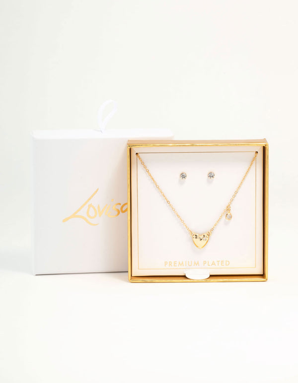Gold Heart Diamante Detail Necklace & Stud Earrings Set