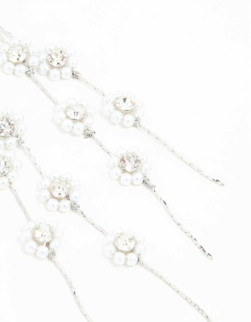 Silver Multirow Pearl & Diamante Flower Drop Earrings
