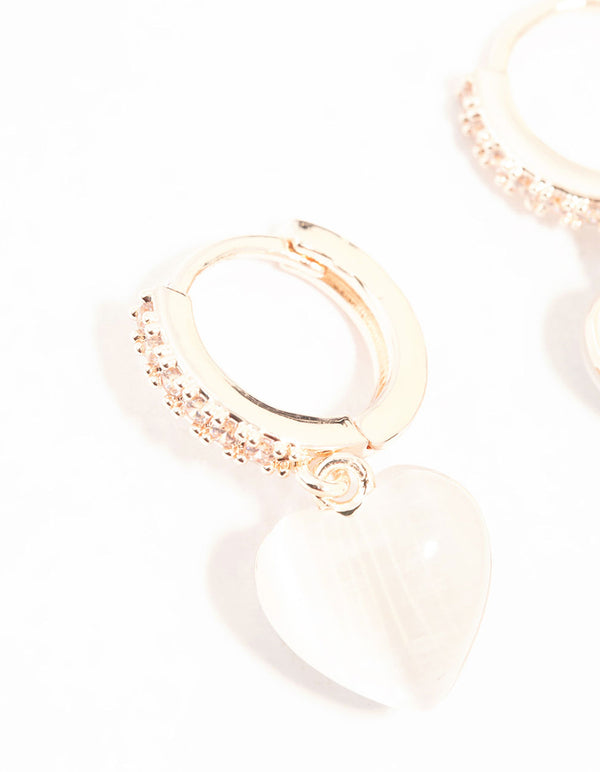 Rose Gold Plated Heart Drop Pave Set Diamante Hoop Earrings