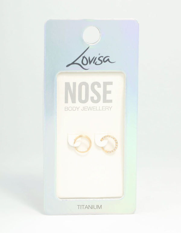 Gold Plated Titanium Cubic Zirconia & Spiral Nose Rings 2-Pack
