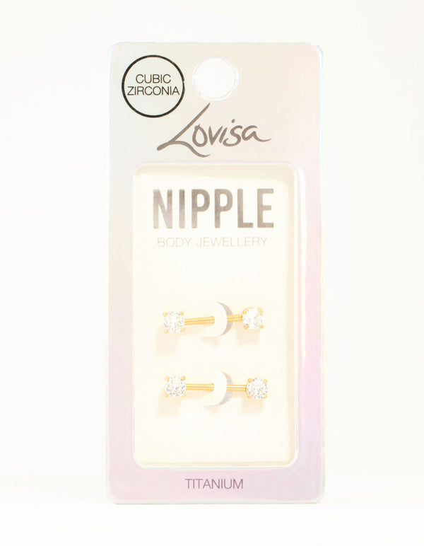Gold Plated Titanium Round Cubic Zirconia Nipple Bars 2-Pack