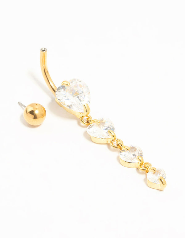 Gold Plated Titanium Cubic Zirconia Heart Quartet Belly Bar