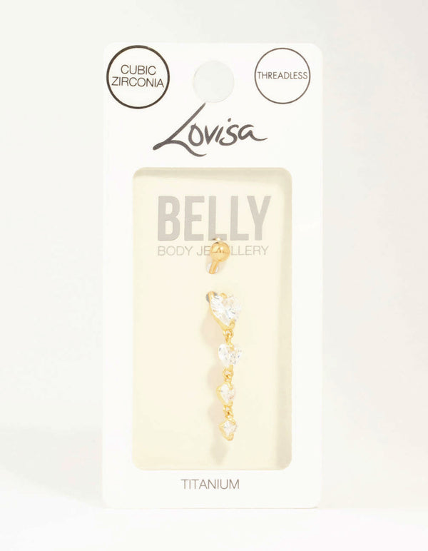 Gold Plated Titanium Cubic Zirconia Heart Quartet Belly Bar