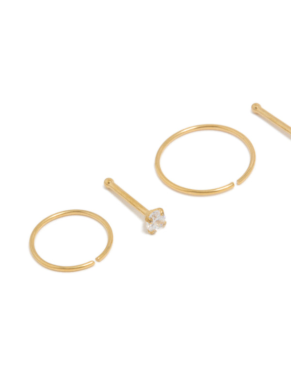 Discover gold plated titanium nose studs and rings featuring cubic zirconia with hoop closure in a 6-pack detail view