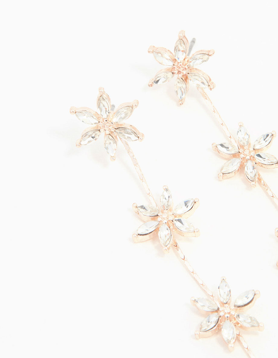 Rose Gold Diamante Flower Trail Drop Earrings