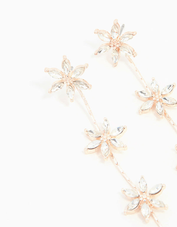 Rose Gold Diamante Flower Trail Drop Earrings