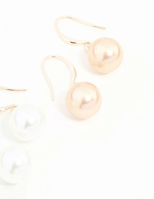 Rose Gold Dainty Pearl Drop Earrings 2-Pack