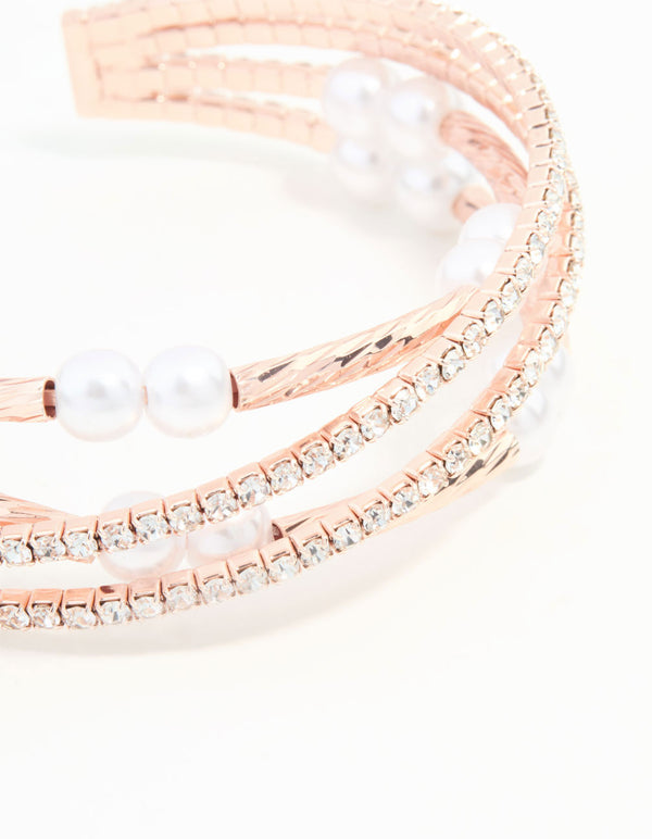 Rose Gold Pearl Long Beaded Stretch Wrist Cuff