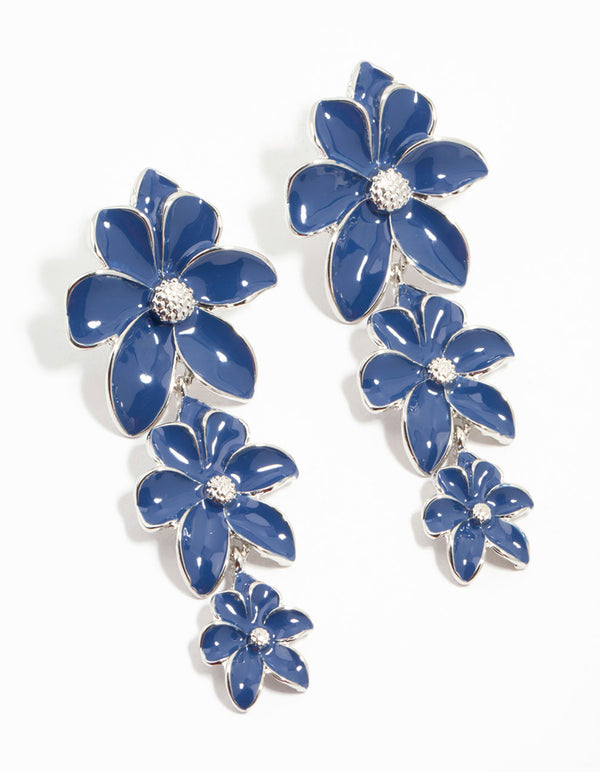 Silver Blue Flowers Drop Earrings
