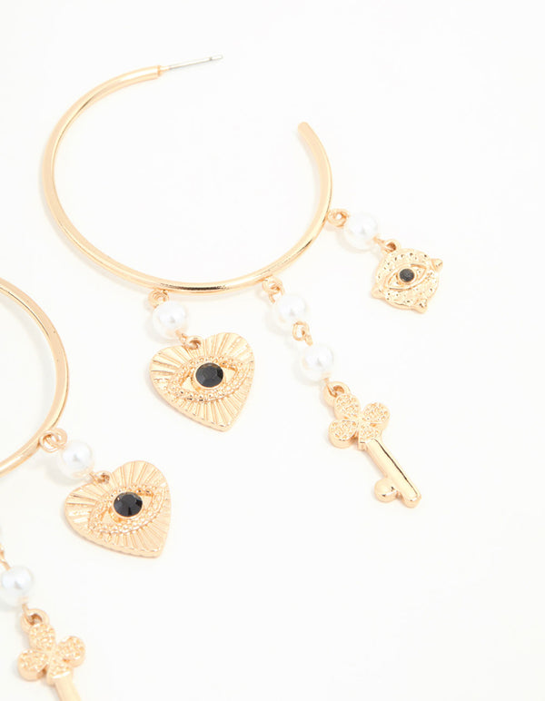 Gold Key, Pearl & Black Bead Evil Eye Charm Hoop Drop Earrings
