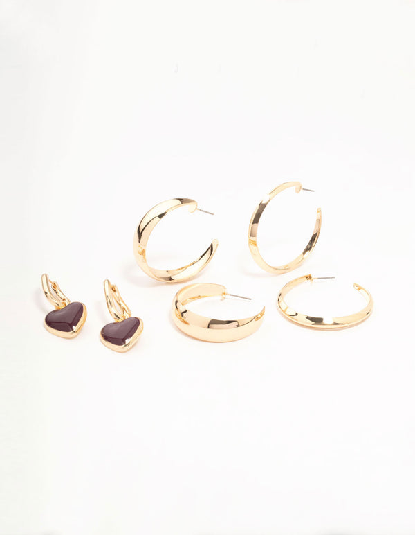 Gold Sleek Hoop & Red Heart Hoop Earrings 3-Pack