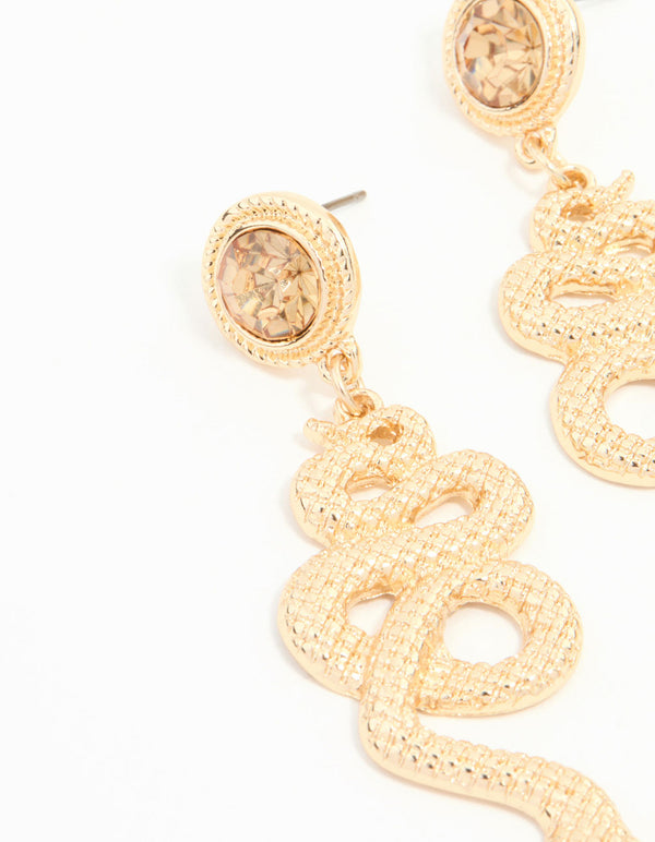 Gold Textured Snake Diamante Drop Earrings