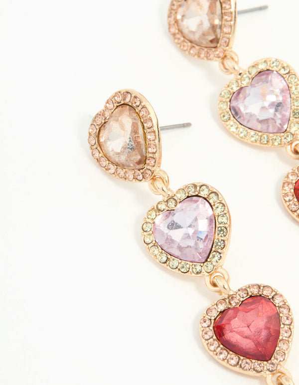 Red & Pink Diamante Heart Teardrop Gold Earrings