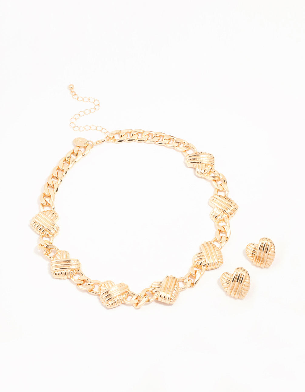 Gold Ribbed Heart Chain Necklace & Earrings Set