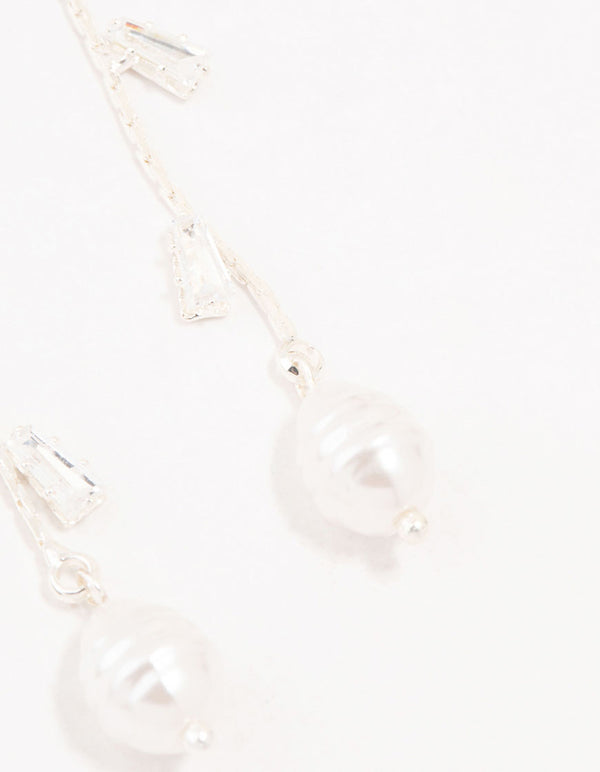 Silver Freshwater Pearl Cubic Zirconia Leaf Drop Earrings