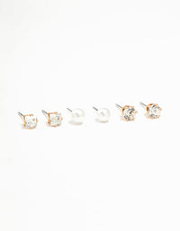 Gold Diamante & Pearl Stud Earrings 3-Pack - link has visual effect only