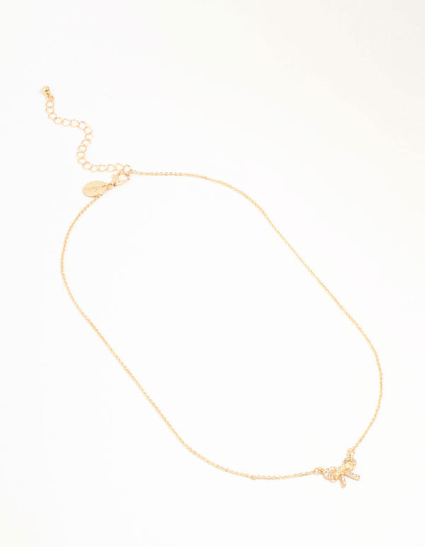 Gold Dainty Diamante Bow Necklace