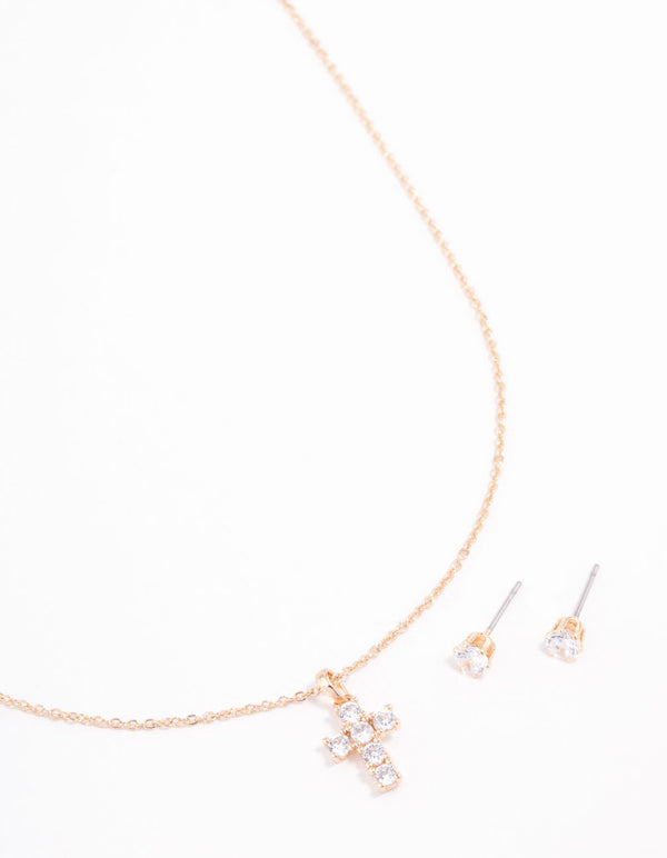 Gold Cubic Zirconia Cross Necklace & Earring Set