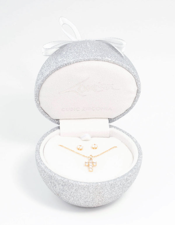Gold Cubic Zirconia Cross Necklace & Earring Set