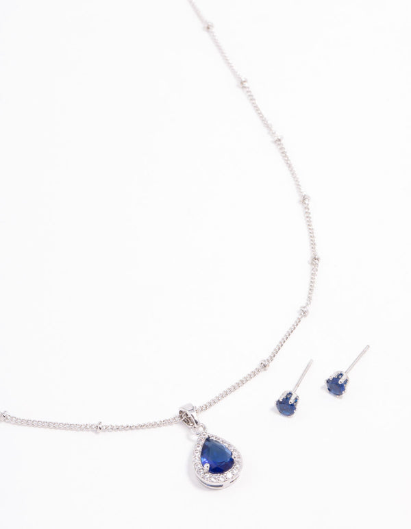 Blue Cubic Zirconia Silver Necklace & Stud Earrings Set