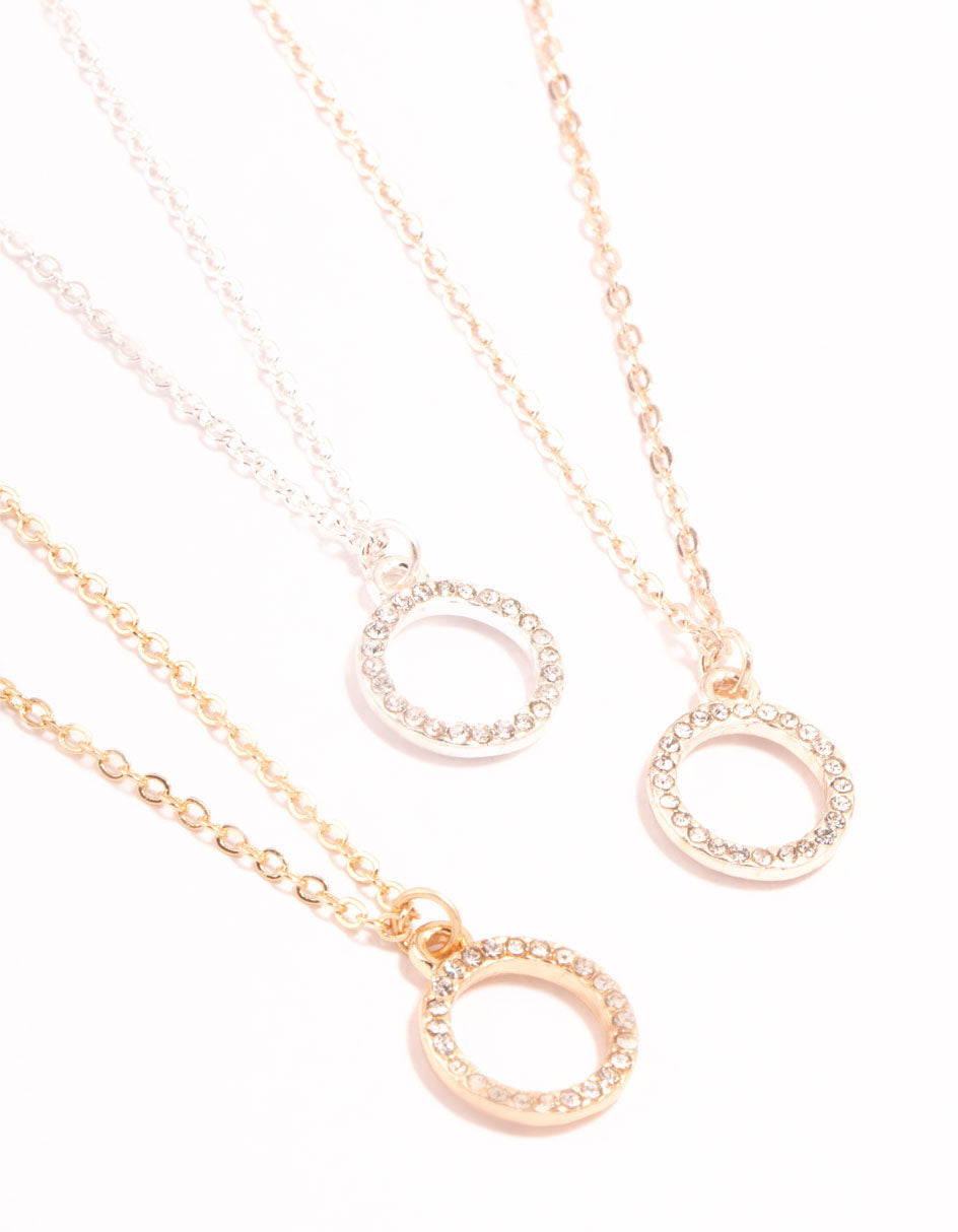 Mixed Metal Diamante Open Circle Pendant Necklaces 3-Pack
