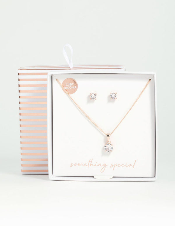 Rose Gold Solitaire Cubic Zirconia Necklace & Stud Earring Set