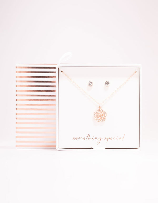 Rose Gold Diamante Necklace & Stud Earrings Set