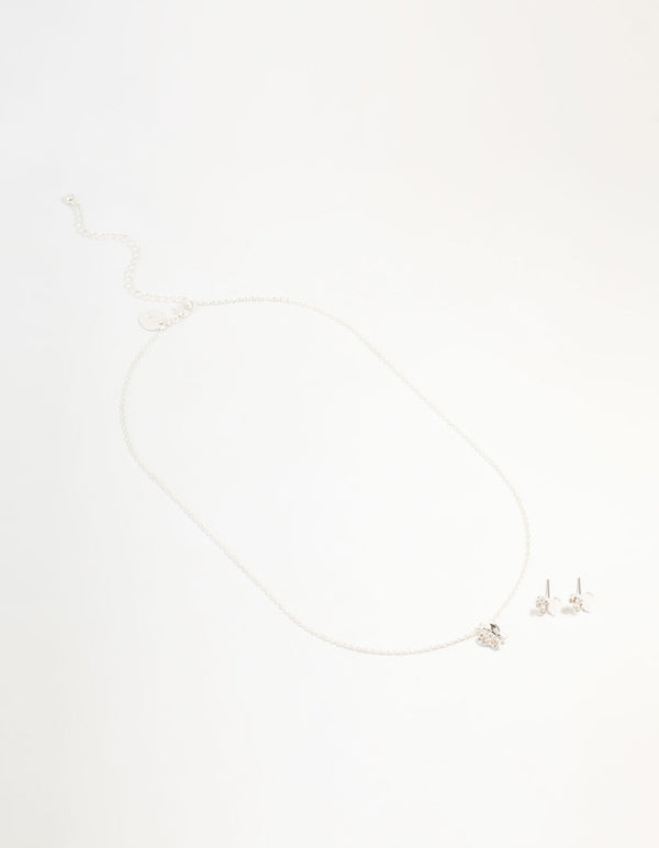 Silver Plated  Diamante Butterfly Necklace & Stud Earrings Set