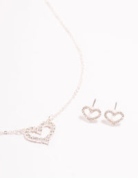 Open Diamante Heart Silver Necklace & Stud Earrings Set - link has visual effect only