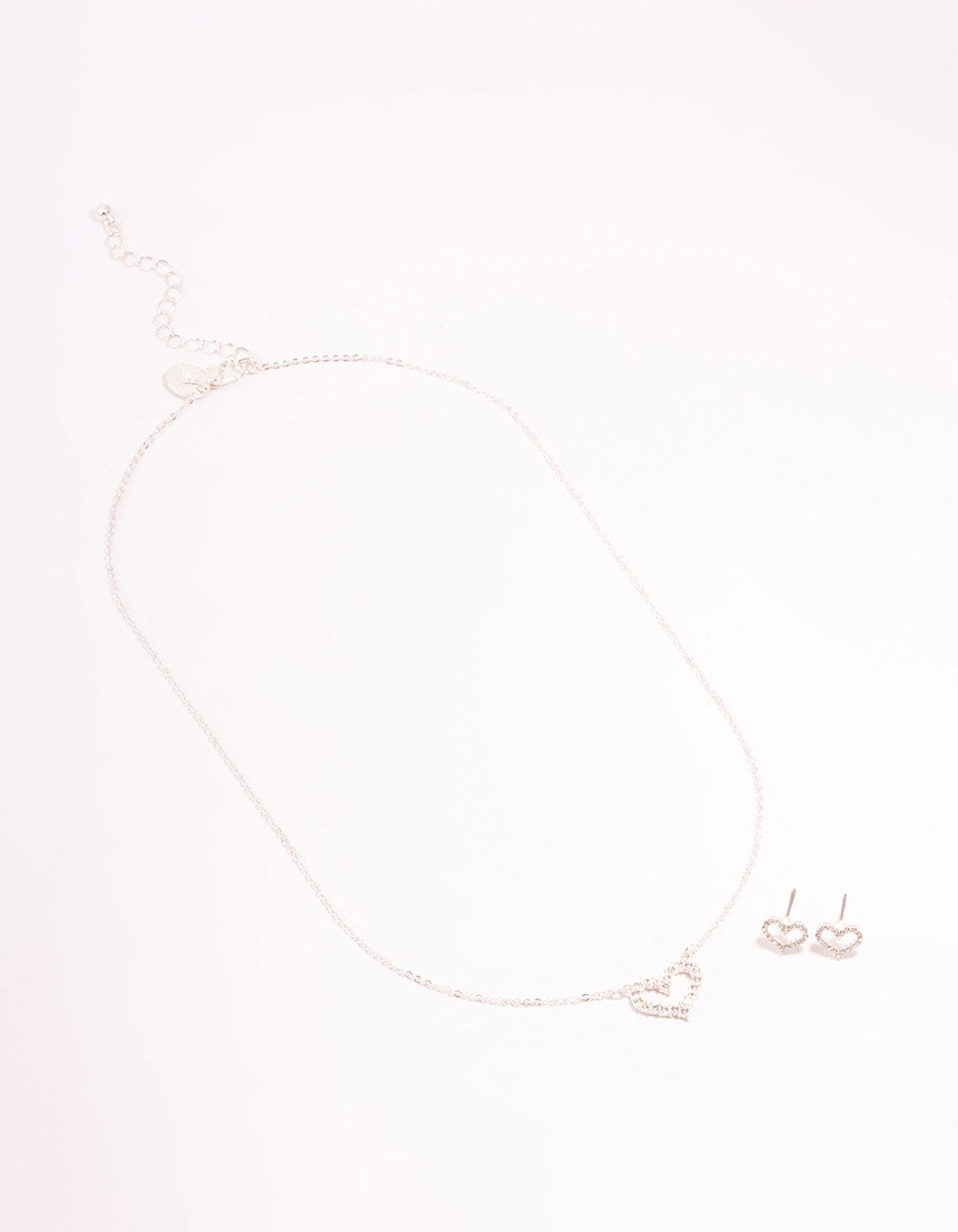 Open Diamante Heart Silver Necklace & Stud Earrings Set