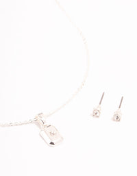 Silver Plated Rectangle Necklace & Stud Earrings Set - link has visual effect only