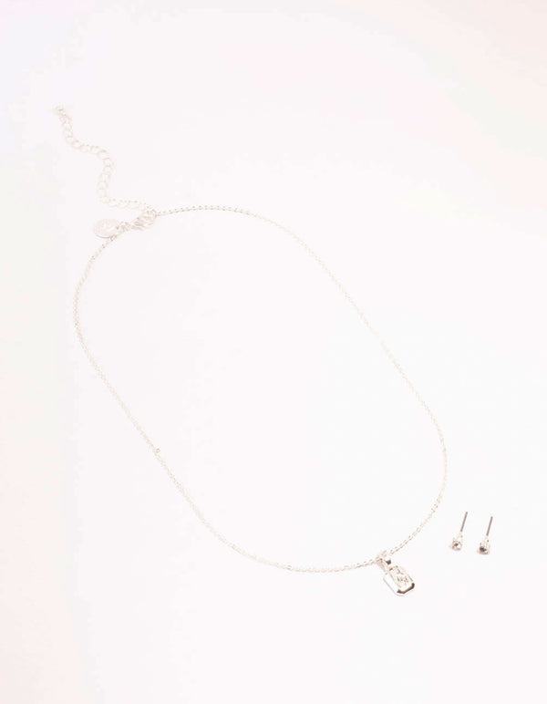 Silver Plated Rectangle Necklace & Stud Earrings Set