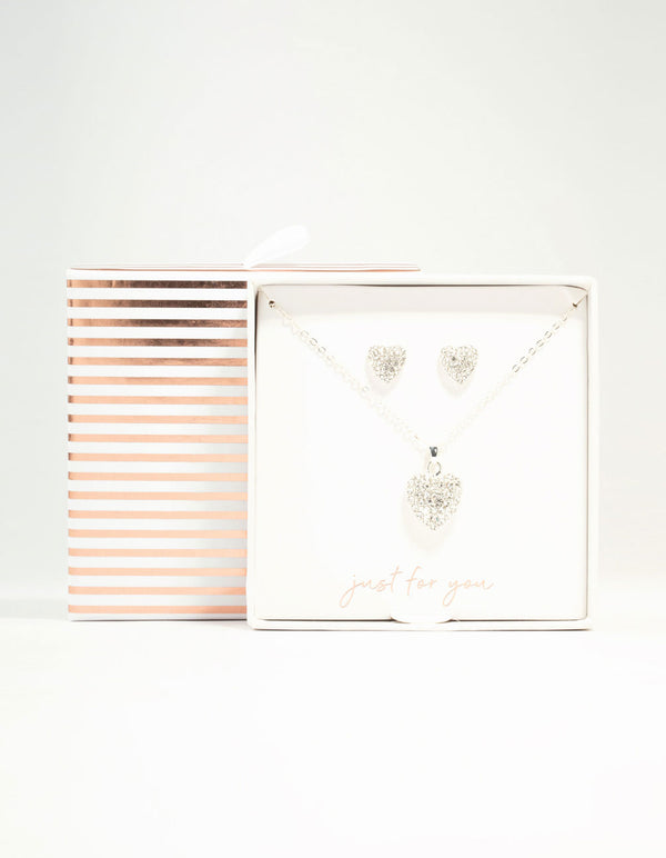 Silver Diamante Heart Necklace & Stud Earrings Set
