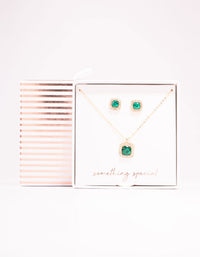 Green Diamante Square Halo Gold Necklace & Stud Earrings Set - link has visual effect only