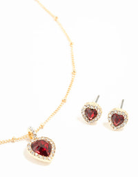 Gold Red Diamante Heart Necklace & Stud Earrings Set - link has visual effect only