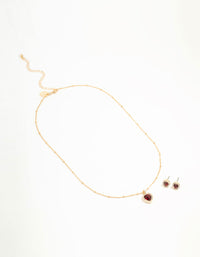 Gold Red Diamante Heart Necklace & Stud Earrings Set - link has visual effect only