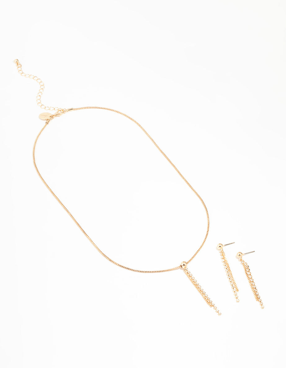 Gold Diamante Cup Chain Necklace & Earrings Set