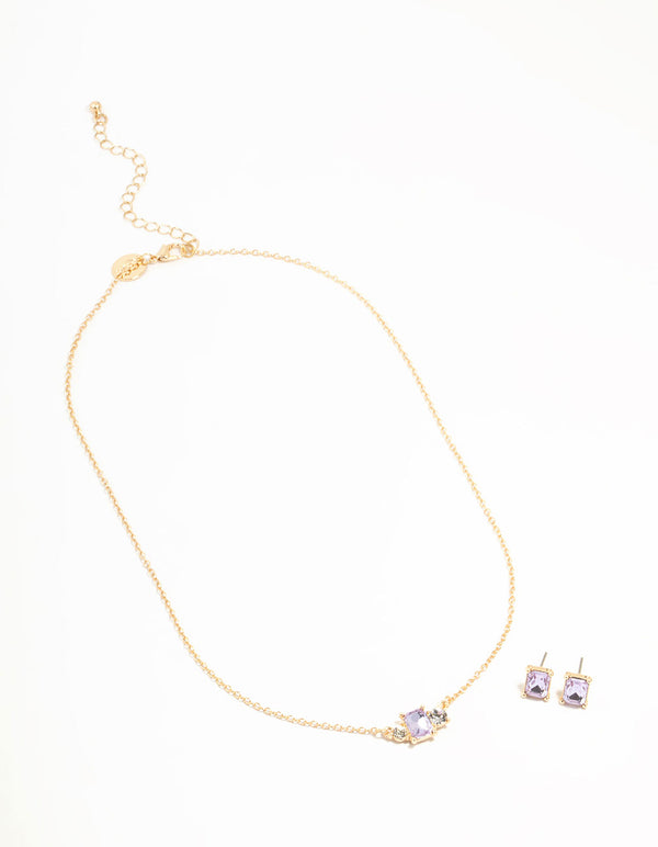 Purple Diamante Necklace & Stud Earrings Set