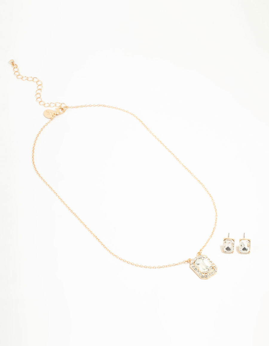 Gold Halo Diamante Necklace & Stud Earrings Set