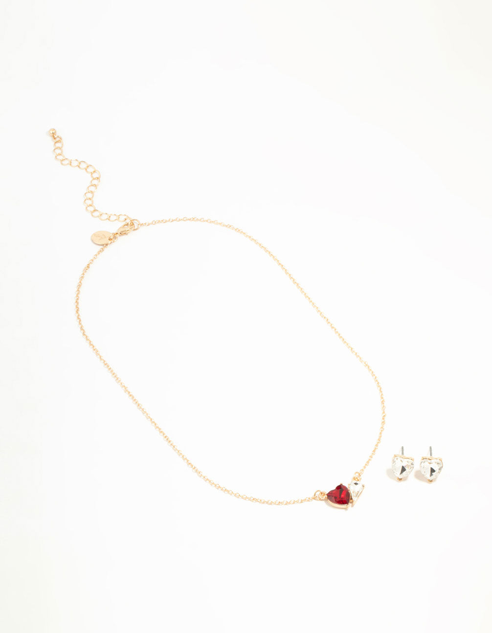 Red Diamante Heart Necklace & Stud Earrings Set