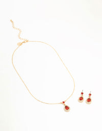 Round & Pear Red Diamante Halo Necklace & Drop Earrings Set - link has visual effect only