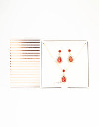 Round & Pear Red Diamante Halo Necklace & Drop Earrings Set - link has visual effect only