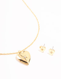 Gold Plated Heart Locket Necklace & Stud Earrings Set - link has visual effect only