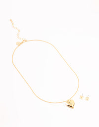 Gold Plated Heart Locket Necklace & Stud Earrings Set - link has visual effect only