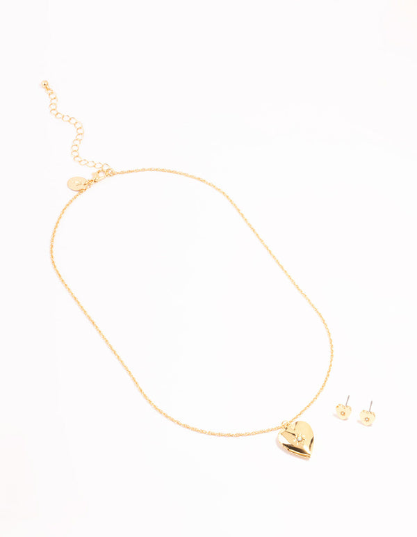 Gold Plated Heart Locket Necklace & Stud Earrings Set